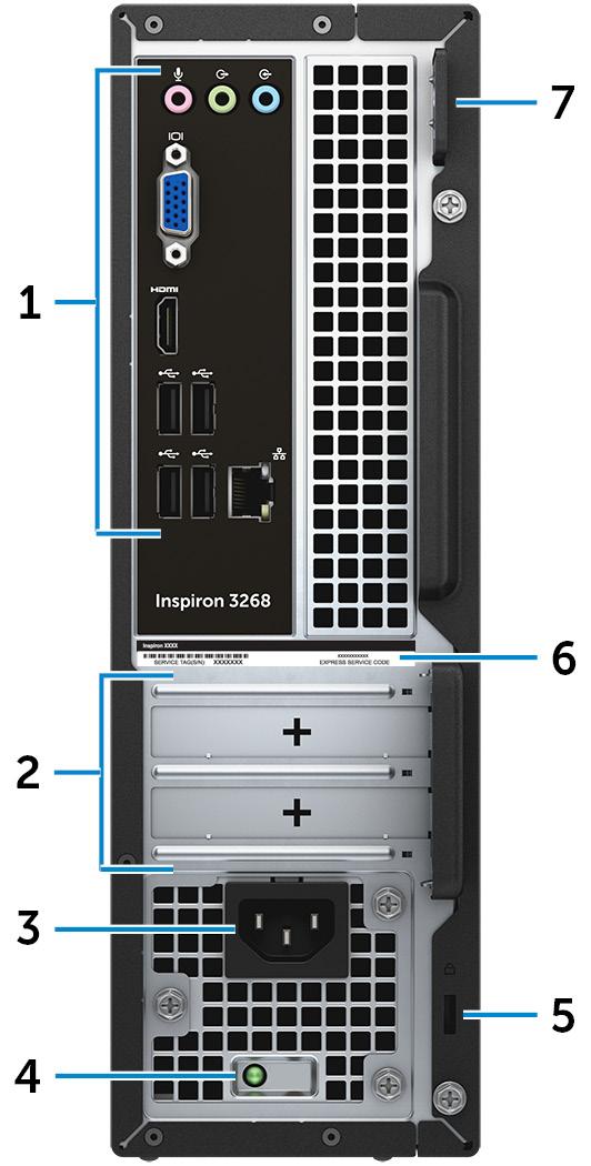 Takana 1 Taustapaneeli USB-, audio-, video- ja muiden laitteiden liittämiseen. 2 Laajennuskorttipaikat Tarjoaa pääsyn asennettujen PCI Express -korttien portteihin.