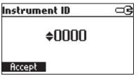 Laitteen ID Korosta "Instrument ID". Avaa asetus painamalla Modify-toimintonäppäintä.