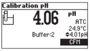 Usemman pisteen kalibrointi (2-5 pistettä) Upota ph-elektrodi noin 4 cm valitsemaasi ph-kalibrointiliuokseen ja sekoita kevyesti. Paina CAL-näppäintä.