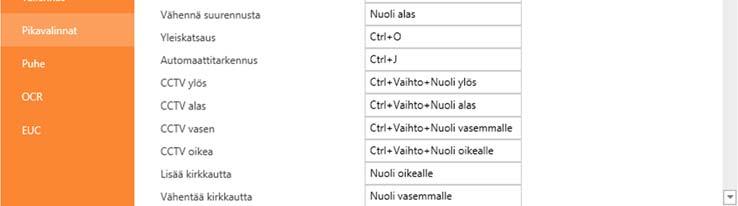 Samalle komennolle voi asettaa kaksi eri näppäinyhdistelmää. Jos yhdistelmä on jo käytössä toisessa komennossa, toinen komento tyhjennetään.