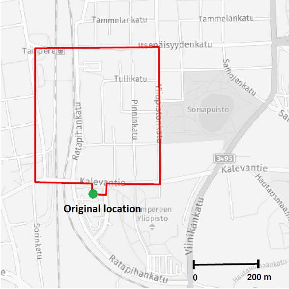 5. Spoofing tests 42 Figure 5.6. Spoofed trajectory 1. Total length 1.8 kilometers, duration 8 minutes. The second spoofed trajectory is in Figure 5.7. The speed is a constant 3 m/s.