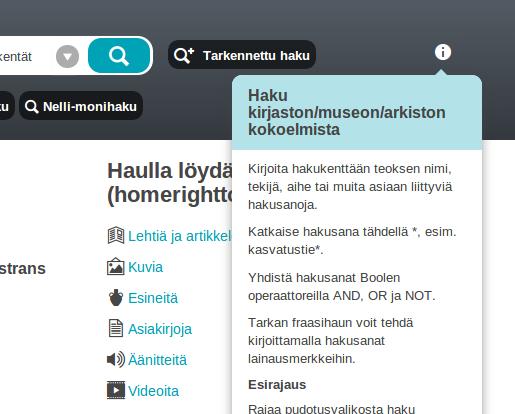 Ohjeet laitetaan päälle päivittämällä ohjeen sisältö muiden käännösten tapaan: Ohjeen käännös tooltip_facet_html Sijainti käyttöliittymässä Fasetit hakutuloksissa tooltip_local_search_html