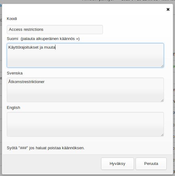 Ensimmäisessa palstassa on tekstin koodi ja seuraavissa käännökset näkymän eri kielillä. Muokatut tai uudet tekstit näytetään vihreällä.