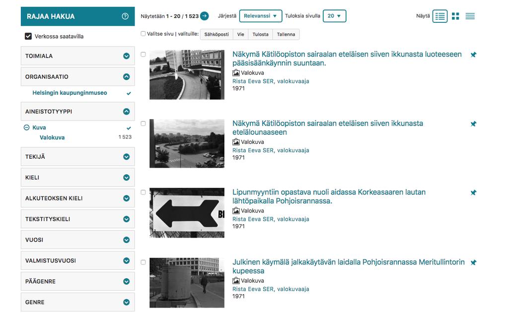 Selaa-palkin lisääminen etusivulle Ohje Hakutulossivu Hakutulosten esittäminen Hakutulokset voidaan esittää listan (Tiedot ja kuvat) lisäksi kuvagalleriana tai tiivistettynä listana.