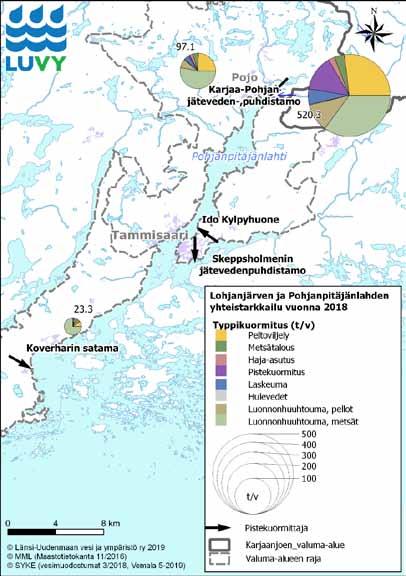 Kuva 15. VEMALA-mallin mukainen typpikuormitus (tonnia/vuosi) Mustionjoelta ja muilta alueilta Pohjanpitäjänlahteen sekä Tammisaaren edustalle v. 2018. 3.4.