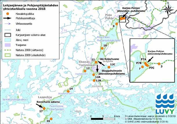 Kuva 3. Pohjanpitäjänlahden, Mustionjoen ja Tammisaaren edustan yhteistarkkailualue ja havaintopaikat vuonna 20