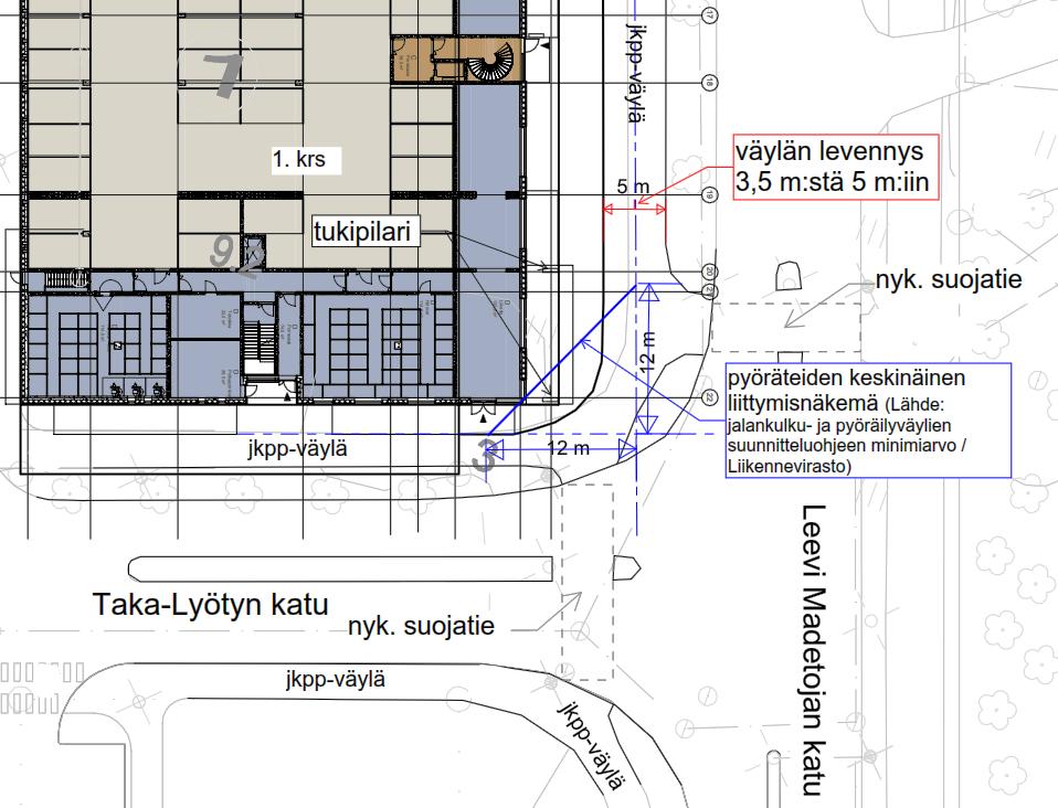 14 4. Liittymisnäkemien tarkistaminen, kortteli 58 Leevi Madetojan kadun ja Taka-Lyötyn kadun liittymässä on tarkistettu autoliikenteen ja pyöräliikenteen liittymisnäkemät korttelin 58