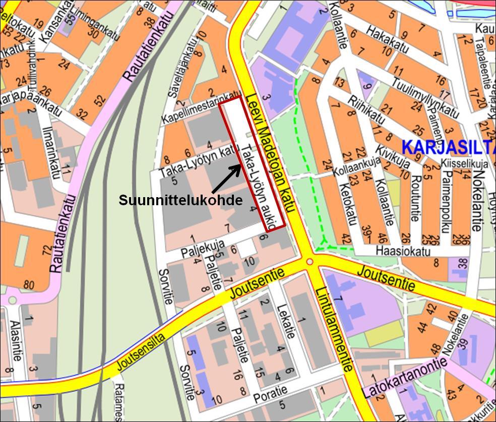 1 1. Suunnittelukohteen sijainti ja nykytila Suunnittelukohde, Taka-Lyötyn aukio, sijaitsee noin kilometrin etäisyydellä Oulun keskustasta Karjasillan kaupunginosan kortteleissa 58 ja 60.