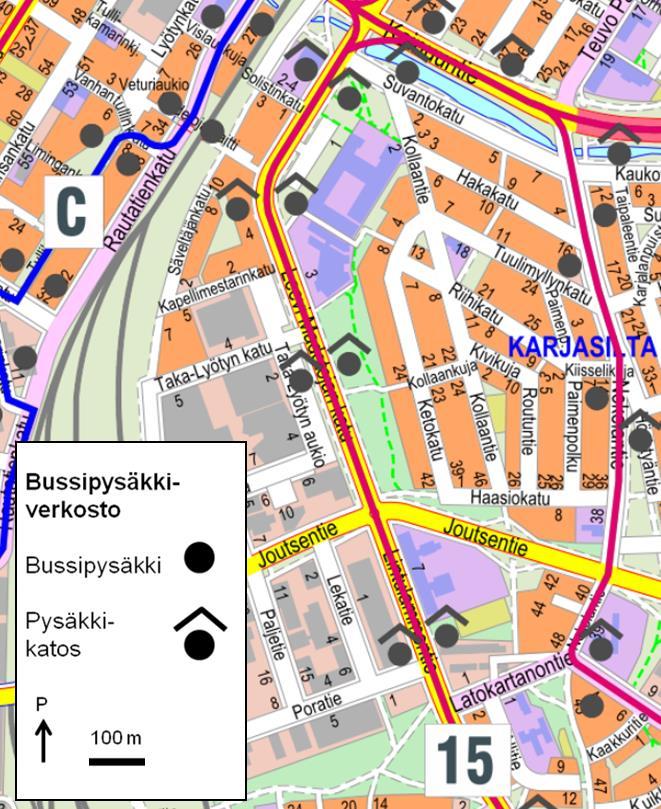 4 Joukkoliikenne Kuvassa 4 on esitetty suunnittelukohteen ympäristön bussipysäkkiverkosto. Lähimmät bussipysäkit sijaitsevat suunnittelualueen kohdalla Leevi Madetojan kadun varrella.