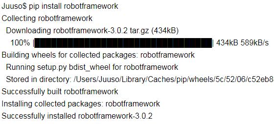 11 Robot Frameworkin asentaminen on mahdollista käyttäen Mac-käyttöjärjestelmästä löytyvää easy_install -paketinhallintasovellusta, mutta opinnäytetyössä Robot Frameworkin asentamiseen käytetään Pip
