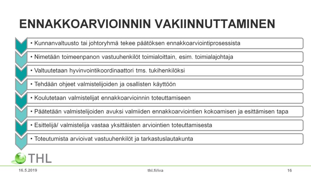 1. Kunnanvaltuusto tai johtoryhmä tekee päätöksen ennakkoarviointiprosessista: mistä asioista tehdään, kuka valvoo, miten tehdään. 2. Nimetään toimeenpanon vastuuhenkilöt toimialoittain, esim.