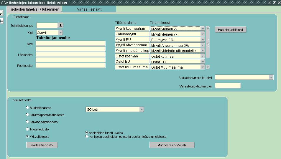 3.3 Mallitiedostojen luonti CSV-mallitiedostot saadaan muodostettua CSV-tiedoston lataus -apuohjelmasta, joka löytyy sovellusikkunan Muutvälilehdeltä.