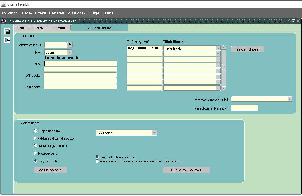 3.11 CSV-tiedoston lataus CSV-tiedoston lataus löytyy sovellusikkunan Visma Fivaldin Java-puolen Muut-välilehdeltä: Yleiset tiedot -osiosta valitaan CSV-ladattavan tiedoston tyyppi (yllä valittu