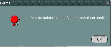Mikäli aineisto on tuotu ohjelmaan jo aikaisemmin, ohjelma ilmoittaa tästä. Kun ohjelma ilmoittaa Siirto tehty, kuitataan se OK-painikkeella.