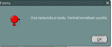 Mikäli aineisto on tuotu ohjelmaan jo aikaisemmin, ohjelma ilmoittaa tästä. Kun ohjelma ilmoittaa Siirto tehty, kuitataan se OK-painikkeella.