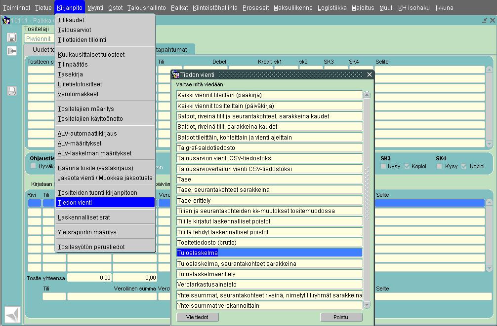 Visma Fivaldin Java-puolella avataan Kirjanpito-sovellus (Taloushallinto >