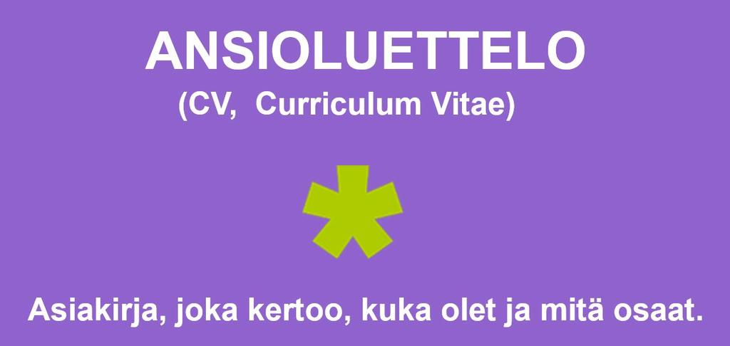 Tehtävä 3 Työnhakuprosessi ja -asiakirjat: ansioluettelo Ansioluetteloon kirjoitetaan ainakin henkilö- ja yhteystiedot, koulutus, työkokemus, kielitaito, tietotekniset taidot ja mahdollisesti