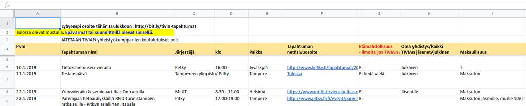 Tapahtuma-Excel Tapahtumatoimikunnan tekemä ja ylläpitämä Excel verkossa Exceliin kerätään kaikki tiedossa olevat tapahtumat ja sekä