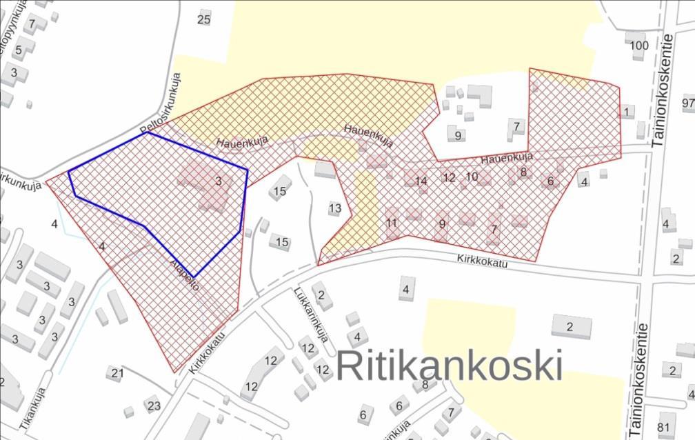 4 Kaavamuutoksen suunnittelualueen raja sinisellä viivalla kuvattuna.