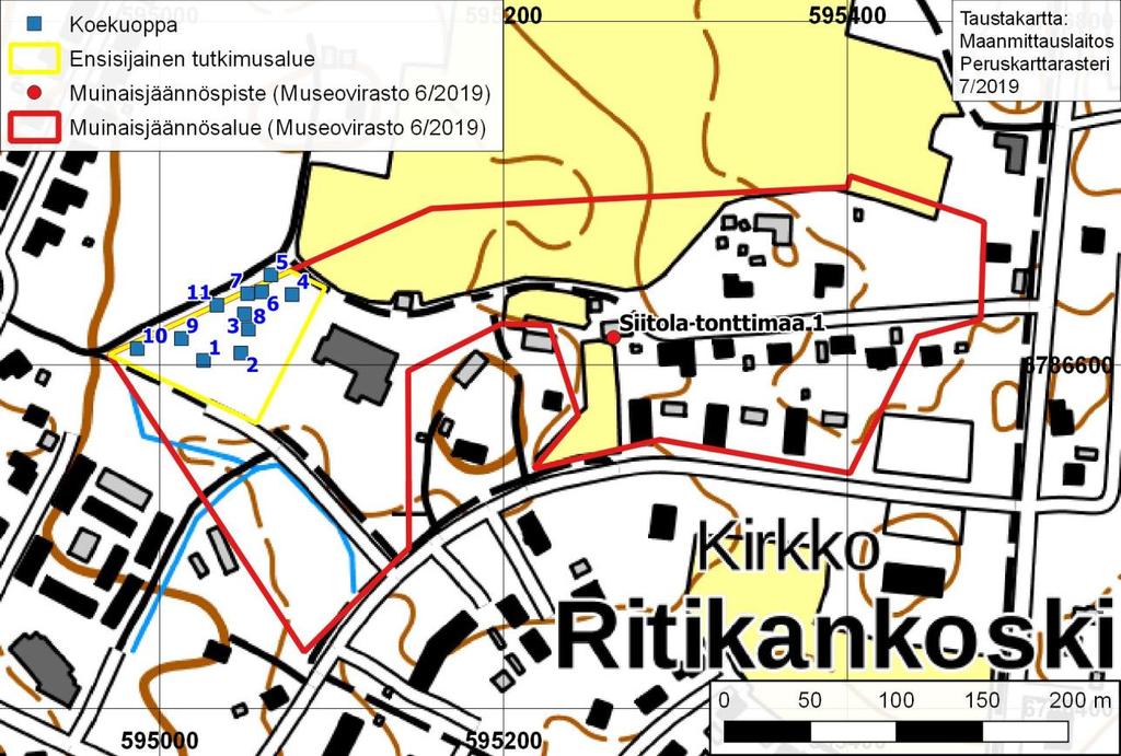 9 Tarkkuusinventoinnissa kaivettujen koekuoppien sijainti (siniset
