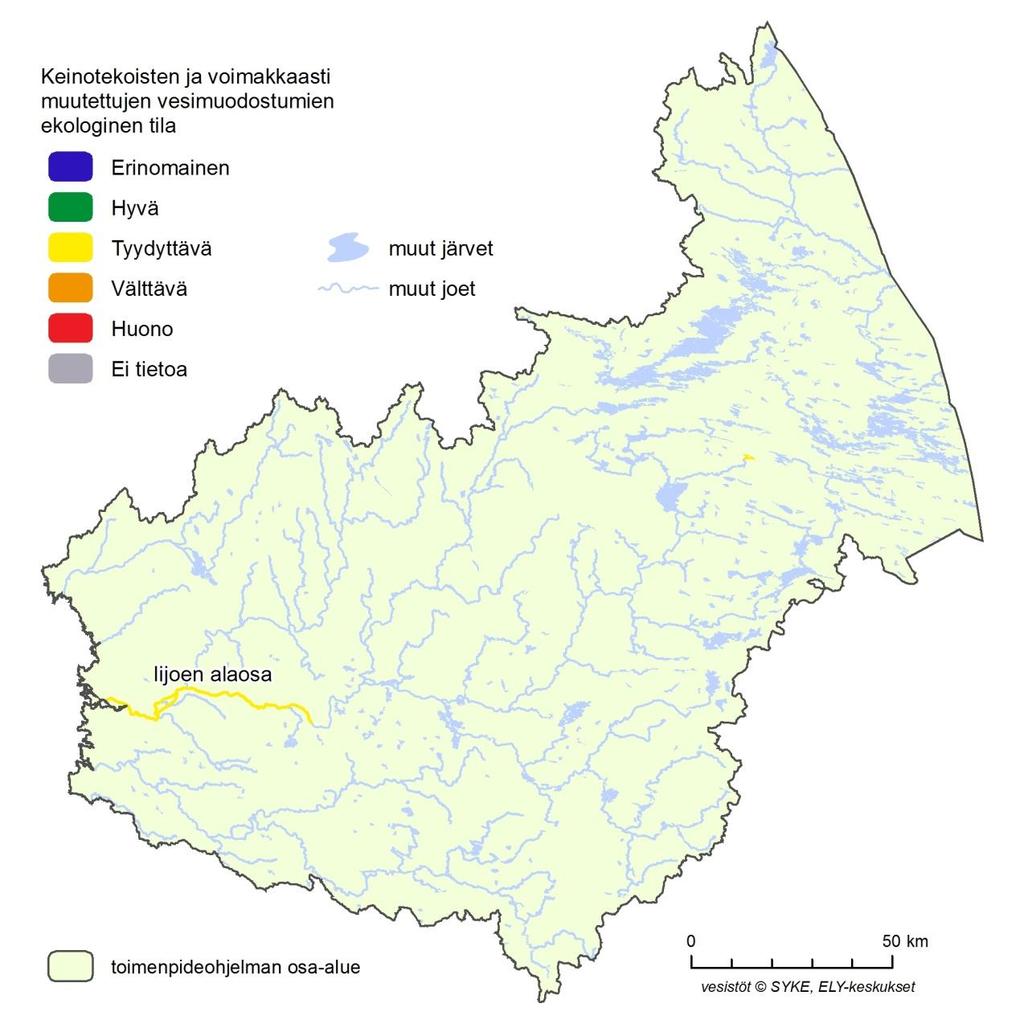 Kuva 4.3. Pohjoisen osa-alueen keinotekoisten ja voimakkaasti muutettujen vesimuodostumien ekologinen tila vuosien 2006 2013 aineiston perusteella.