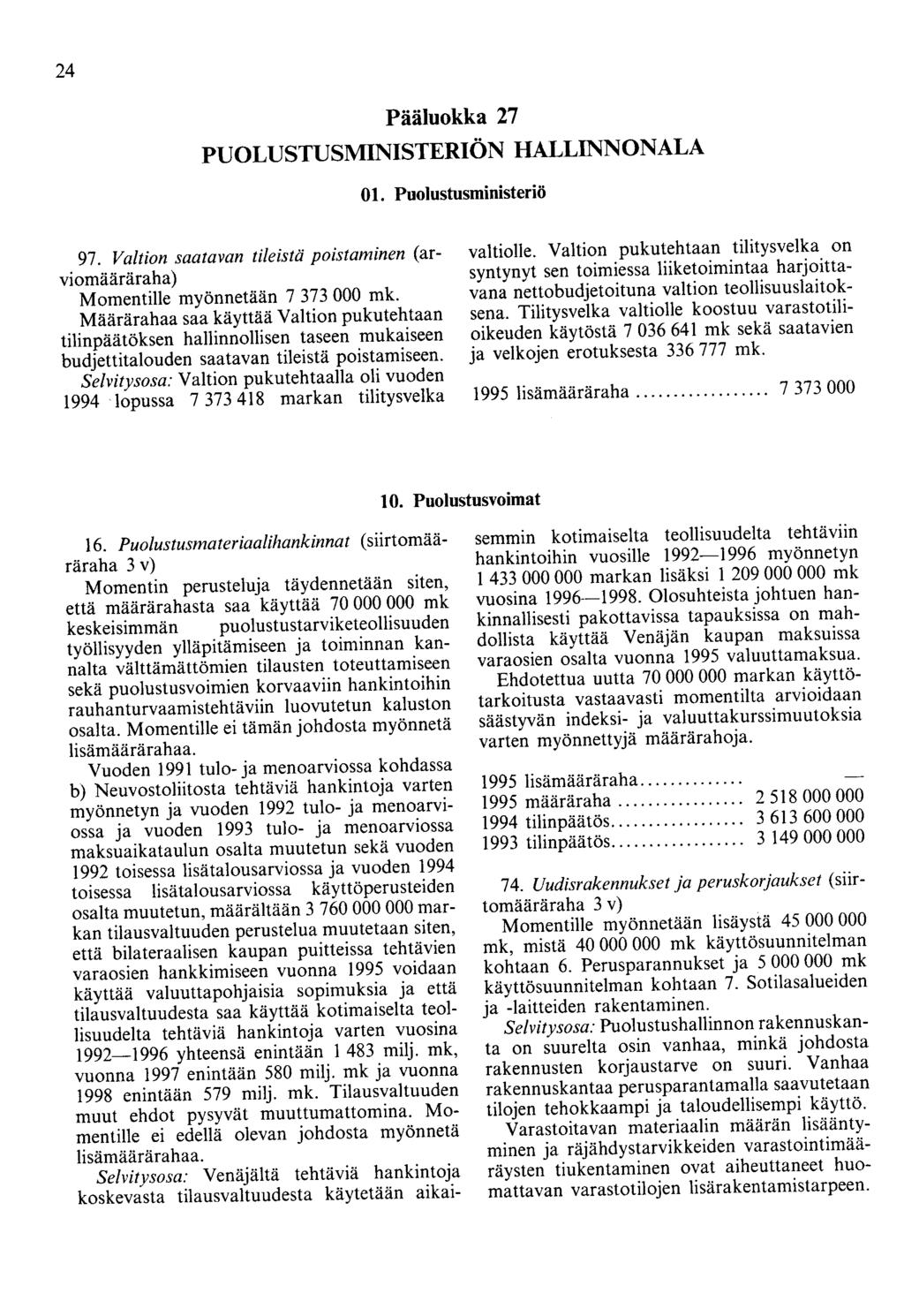 24 Pääluokka 27 PUOLUSTUSMINISTERIÖN HALLINNONALA 01. Puolustusministeriö 97.