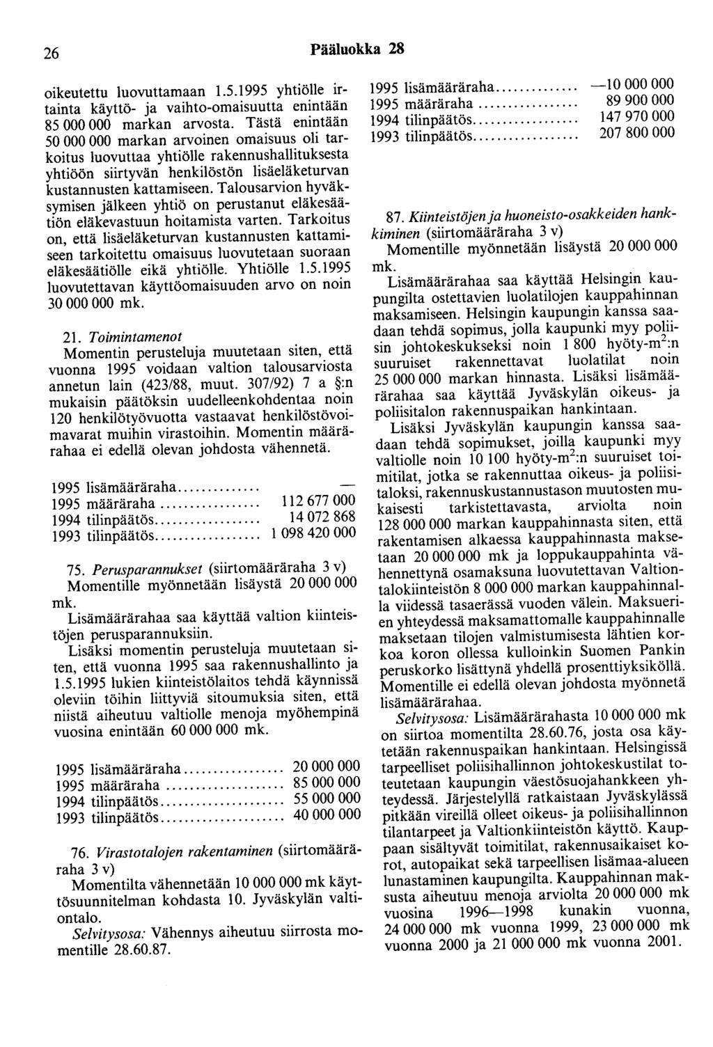 26 Pääluokka 28 oikeutettu luovuttamaan 1.5.1995 yhtiölle irtainta käyttö- ja vaihto-omaisuutta enintään 85 000 000 markan arvosta.