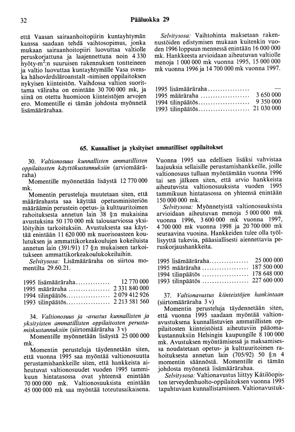 32 Pääluokka 29 että Vaasan sairaanhoitopiirin kuntayhtymän kanssa saadaan tehdä vaihtosopimus, jonka mukaan sairaanhoitopiiri luovuttaa valtiolle peruskorjattuna ja laajennettuna noin 4 330 hyöty-m