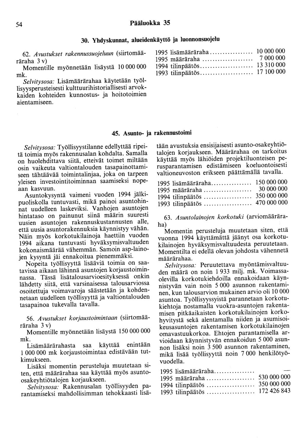 54 Pääluokka 35 30. Yhdyskunnat, alueidenkäyttö ja luonnonsuojelu 62.