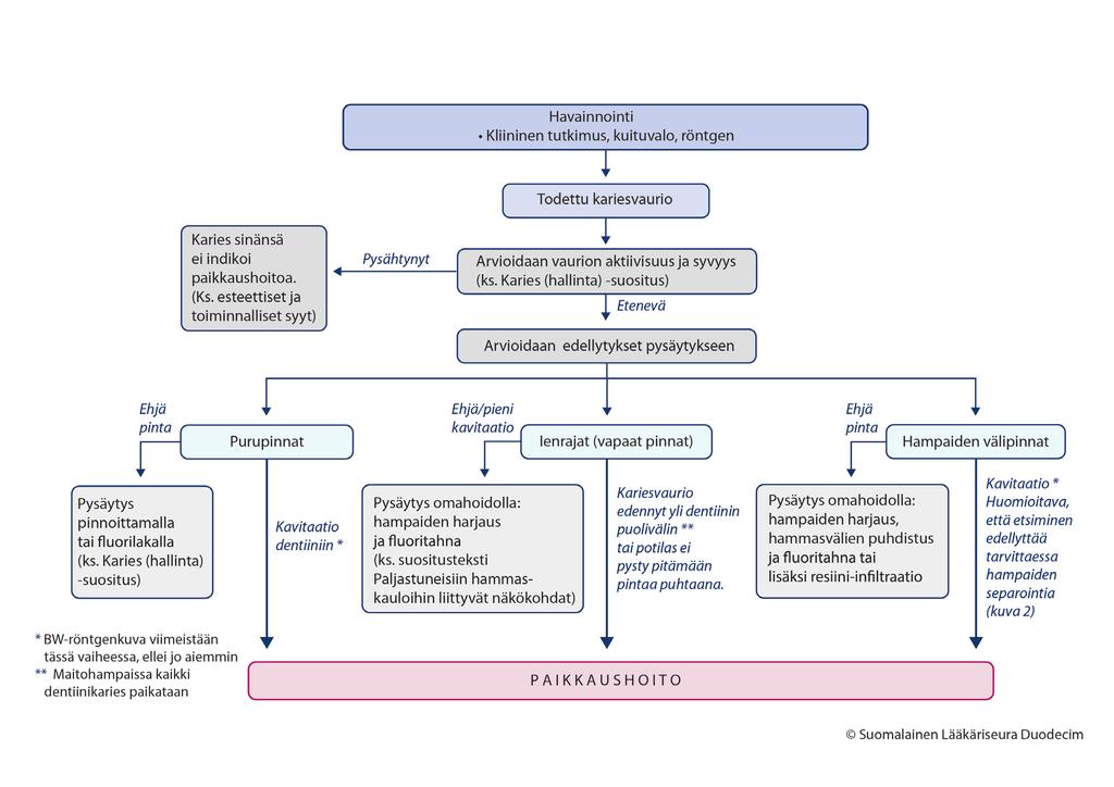 Kuva 1. Paikkaustarpeen arvio. Karieksen hallinta [1]. Ks. Karieksen hallinta -suosituksen kohta Riskitekijät ja taulukko Hampaiden reikiintymisen riskitekijät. Kiilteen hypomineralisaatio (esim.