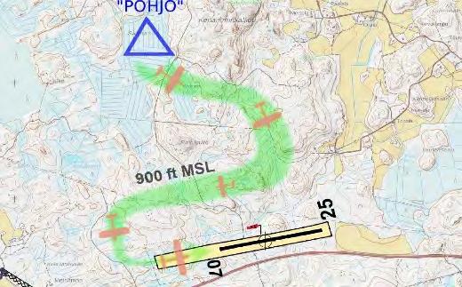 lähestymisalueella, jossa yleisilmailun matkalentokorkeus saa olla enintään 1300 jalkaa eli noin 400 metriä meren