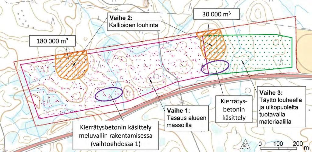 Ympäristövaikutusten arviointiselostus 10.5.2019 23 (104) 5 Hankkeen rakennusajan kuvaus 5.1 Rakentamisen kuvaus Kuva 5.1. Rakentamisen vaiheet, louhinnan määrät sekä betonin käsittely ja murskauspaikka.