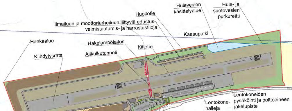 Ympäristövaikutusten arviointiselostus 10.5.2019 25 (104) 6 Hankkeen vaihtoehdot 6.1 Vaihtoehto 1: Pitkä kenttä ja kiihdytysrata Kuva 6.1. Vaihtoehdon 1 yleissuunnitelma.