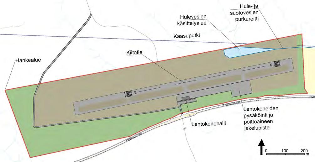Ympäristövaikutusten arviointiselostus 10.5.2019 29 (104) 6.3 Vaihtoehto 3: Pitkä kenttä Kiitotien ja sen asfaltoitavan jatkeen pituus on 1170 metriä, josta kiitotien pituus on 833 metriä.