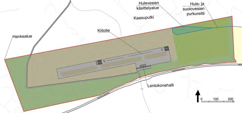 Ympäristövaikutusten arviointiselostus 10.5.2019 31 (104) 6.4 Vaihtoehto 4: Lyhyt kenttä Kiitotien ja sen asfaltoitavan jatkeen pituus on 780 metriä, josta kiitotien pituus on 500 metriä.