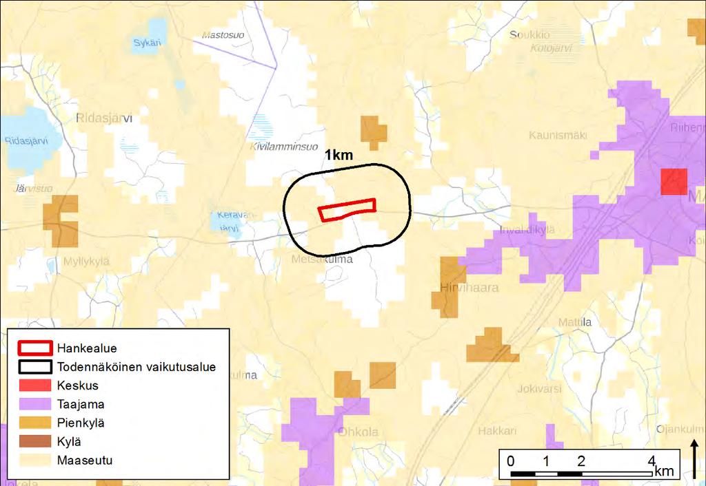 Ympäristövaikutusten arviointiselostus 10.5.2019 46 (104) 11 Vaikutusten arviointi 11.1 Yhdyskuntarakenne, maankäyttö ja kaavoitus 11.1.1 Nykytila Maankäyttö ja yhdyskuntarakenne Hankealue sijaitsee asumattomalla alueella nykyisen yhdyskuntarakenteen ulkopuolella valtatien 25 varressa.