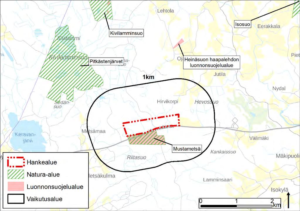 Ympäristövaikutusten arviointiselostus 10.5.2019 52 (104) Kuva 11.7. Luonnonsuojelu ja Natura alueet. Hankealue sijoittuu kahden laajan yhtenäisen metsäalueen väliin, jotka valtatie 25 jakaa.