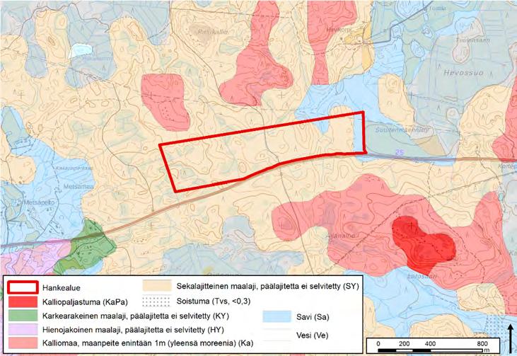 Ympäristövaikutusten arviointiselostus 10.5.2019 55 (104) 11.3 Maa ja kallioperä sekä pohjavesi 11.3.1 Nykytila Maa ja kallioperä Hankealueen pintamaalajina on pääosin hiekkamoreeni.