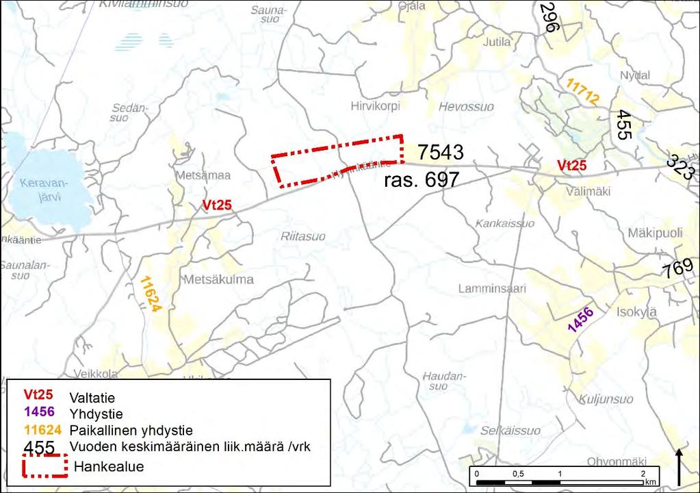 Ympäristövaikutusten arviointiselostus 10.5.2019 70 (104) 11.6 Tieliikenne 11.6.1 Nykytila Valtatielle 25 on tehty kehittämisselvitys, joka valmistui 2011.