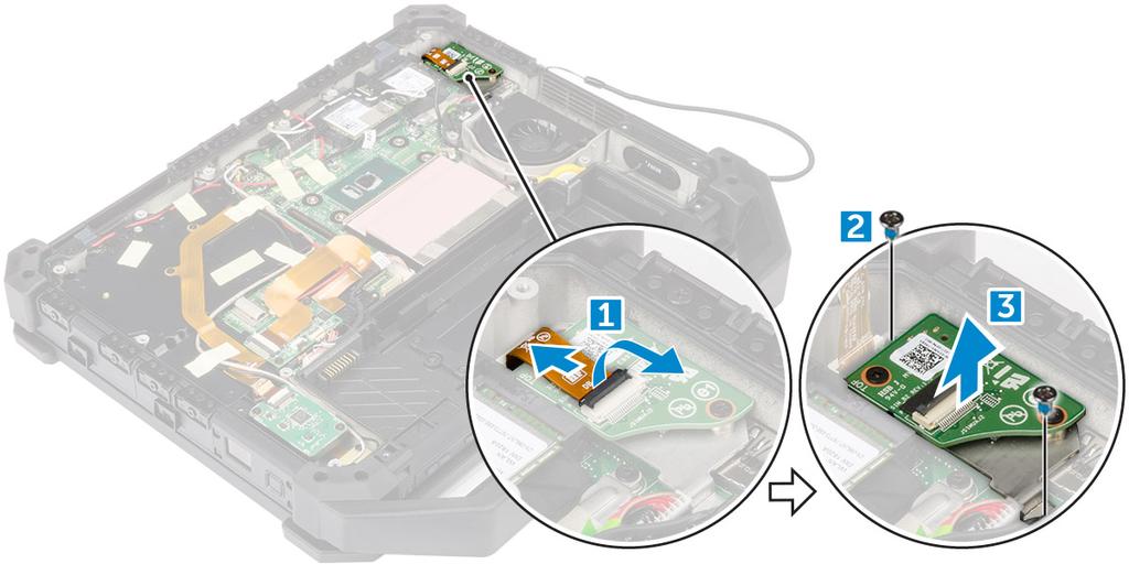 SIM-piirilevyn asentaminen 1. Aseta SIM-piirilevy paikoilleen tietokoneeseen. 2. Kiinnitä ruuvit, jotka kiinnittävät SIM-piirilevyn. 3. Kytke SIM-piirilevyn kytkentäkaapeli SIM-piirilevyyn. 4.