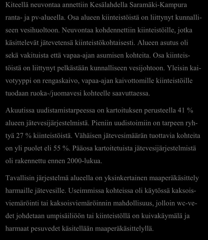 Alueen asutus oli sekä vakituista että vapaa-ajan asumisen kohteita. Osa kiinteistöistä on liittynyt pelkästään kunnalliseen vesijohtoon.