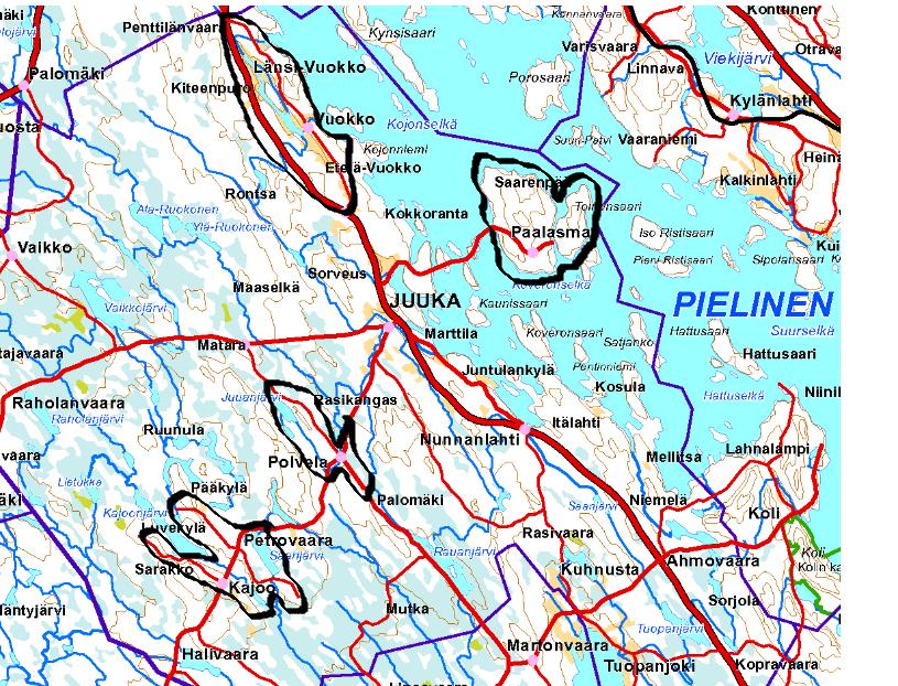 Jässi-jätevesihanke Pohjois-Karjala Neuvonta-aluekartasto 2012 2017 LIITE 3 / 5 (18) 5 Juuka Juukan alueella on Jässi-hankkeen toimesta neuvontaa tarjottu vuosina 2013, 2015, 2016 ja 2017. MML 2015 5.