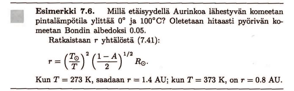 7.11 Planeettojen Lämpötilat Planeetan lämpötila määräytyy miten hyvin se absorboi Auringon valoa Bondin albedo A absorboituu 1 A Auringon säteilemä vuo: Stefan-Boltzmann laki L = 4πR 2 σt 4