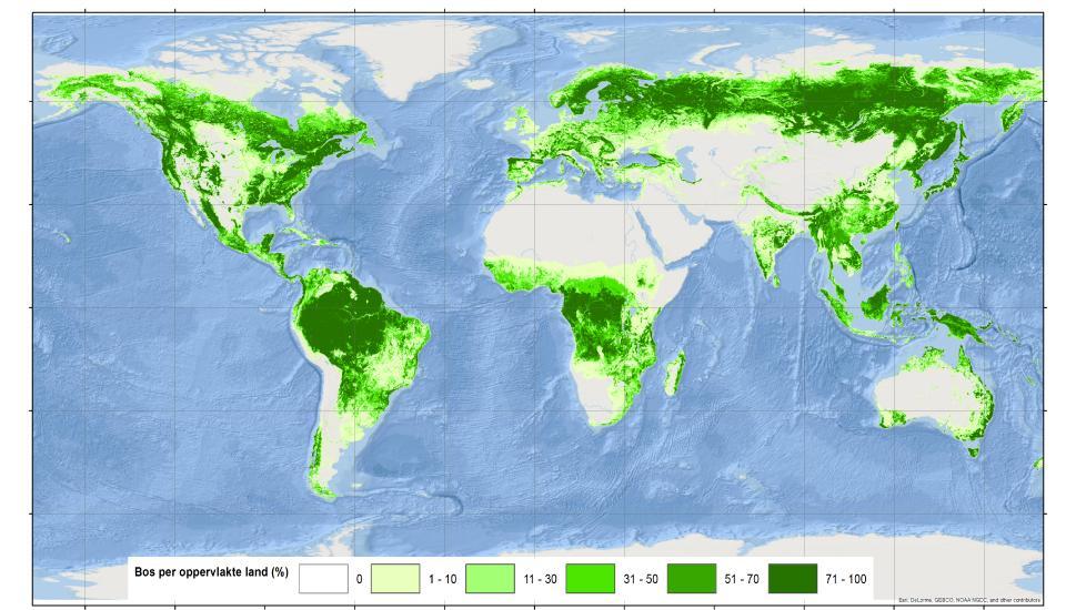 Figuur. Wereldkaart met de indicatie van bosvoorkomens Tabel.