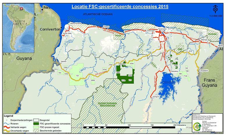 Figuur 0. Kaart met aanduiding van locatie van FSC gecertificeerde concessies in 05 5.8 Productie per houtsoort In het jaar 05 is er hout geproduceerd van meer dan houtsoorten. Met een volume van 4.