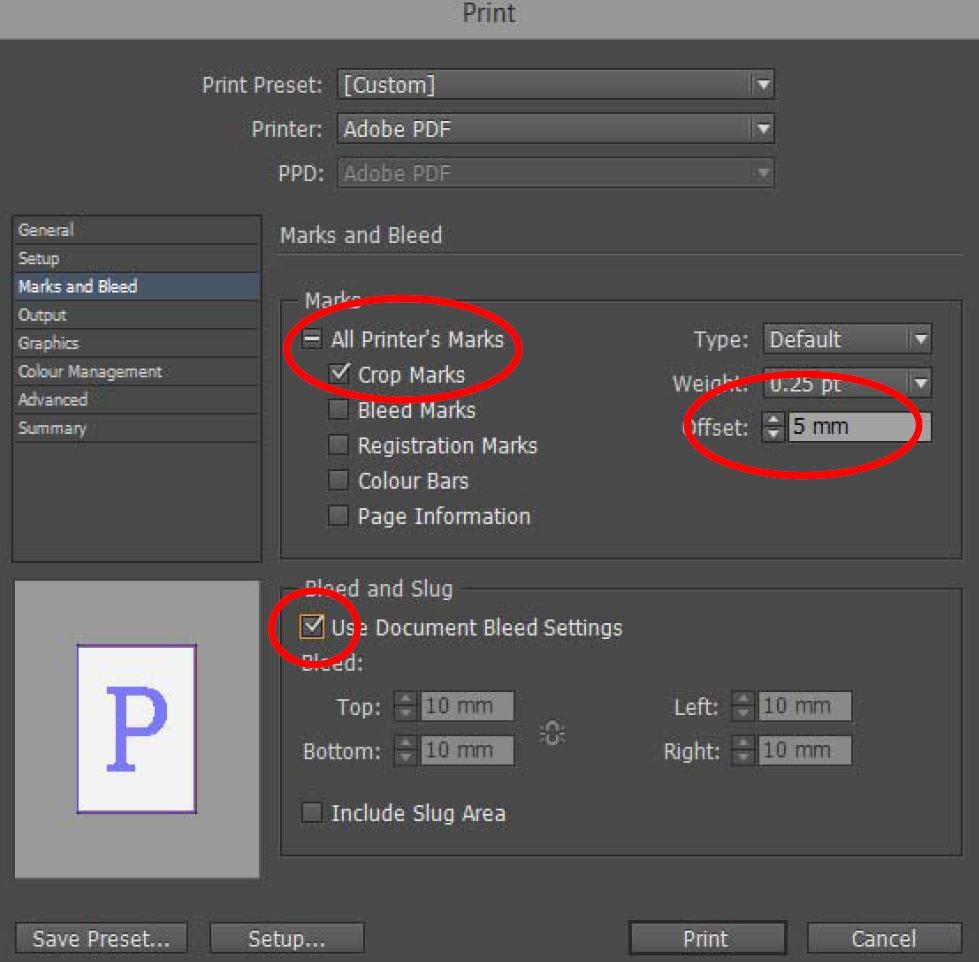 5 (7) Kuva 3. Tulostusasetukset. 3. Valitse vasemmalta kohta Marks and bleed. Varmista, että Marksotsikon alla on ruksattuna ainoastaan Crop Marks eli leikkausmerkit. 4.