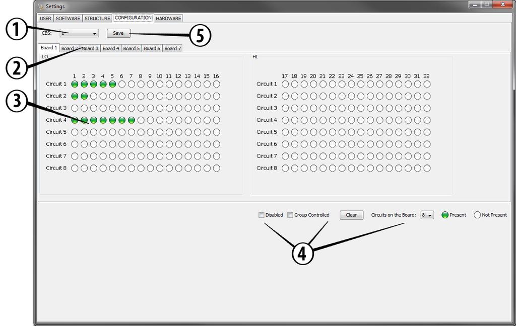 Kuva 4. SETTINGS-ikkuna, CONFIGURATION-välilehti Configuration-välilehden käyttö 1. Valitse se turvavalokeskus jonka valaisinkokoonpanoa haluat muokata (nr. 1 kuvassa 4). 2. Valitse ryhmäkortti (nr.