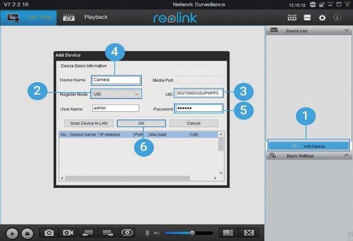 Noudata alla olevia ohjeita. Laaja-alueverkossa (WAN) 1. Napsauta Lisää laite oikeanpuoleisessa valikossa. 2. Valitse rekisteröintitilaksi UID. 3. Kirjoita kameran UID. 4.