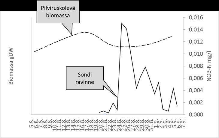 alueiden pilviruskoleväkasvuston biomassassa on kasvava suuntaus Tvärminnessä tapahtuneen ravinnepulssin jälkeen. Kuva 8.
