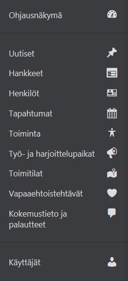 3. Sisältöjen julkaisu rekisteröityneenä käyttäjänä Uutiset= Lisäämällä uutisen voit julkaista ajankohtaisia tiedotteita/uutisia. Hankkeet= Hankkeiden ilmoittaminen sivustolla.